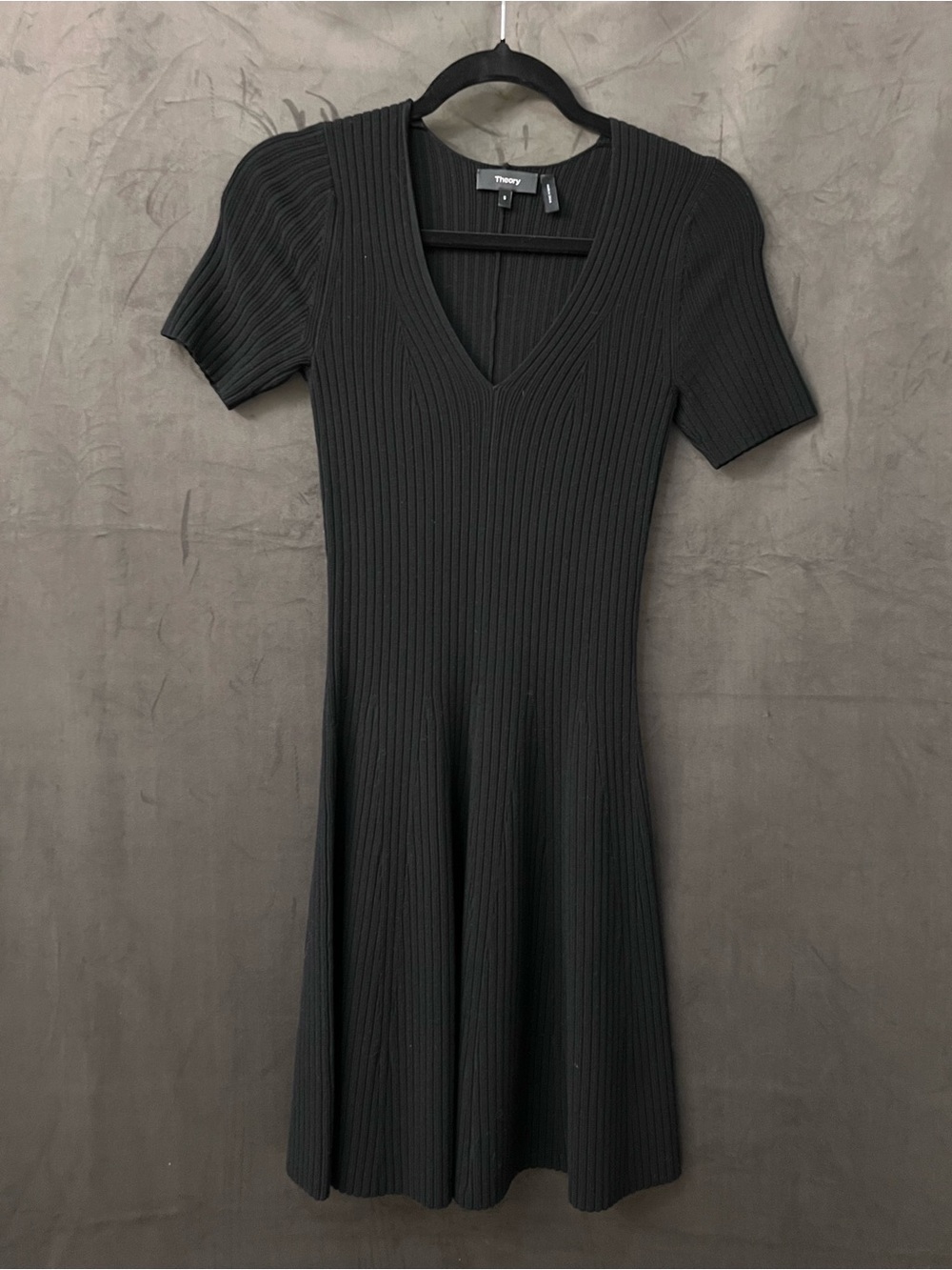 Theory Black Ribbed V-Neck Short Sleeve Dress